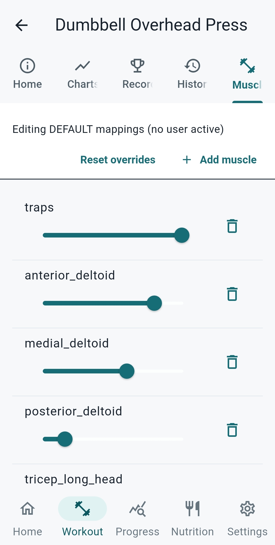 TYR exercise screen with adjustable contribution sliders for traps, deltoids, and triceps